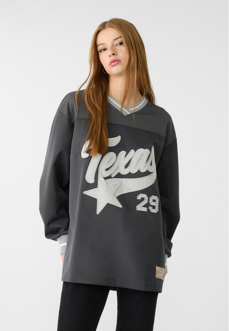 Stradivarius Tricou Oversize Cu Broderie Gri L