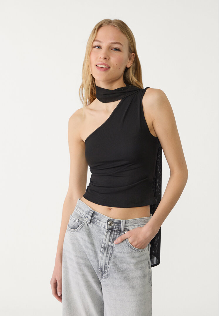Stradivarius Top Asimetric Din Tul Tip Eșarfă Negru Xl