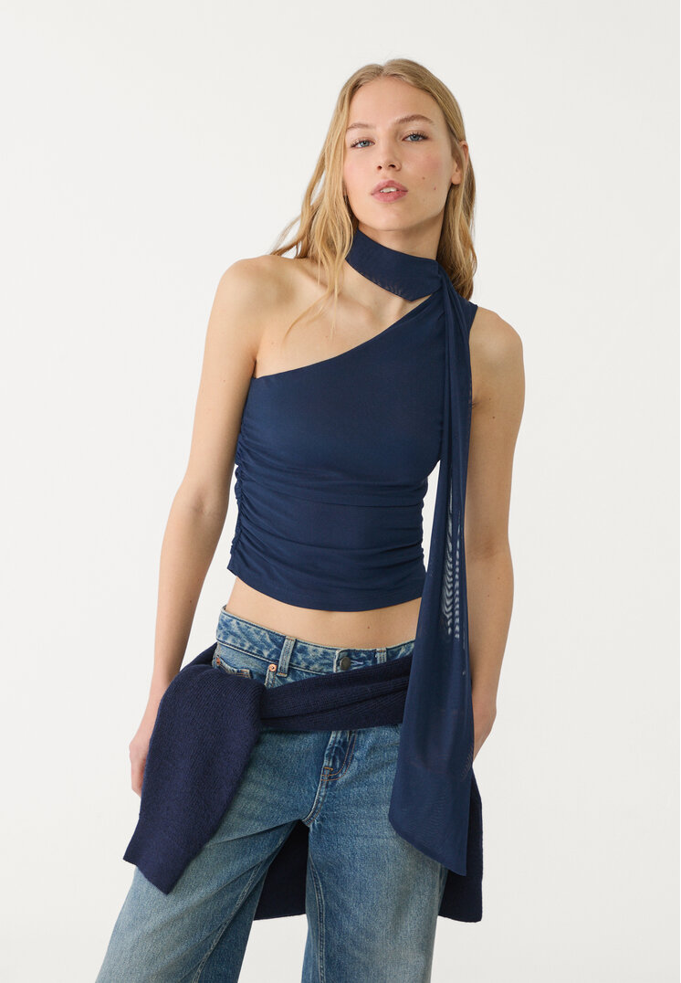Stradivarius Top Asimetric Din Tul Tip Eșarfă Albastru Închis Xs