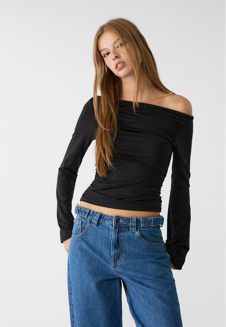 Stradivarius Tricou Încrețit Mânecă Lungă Negru S