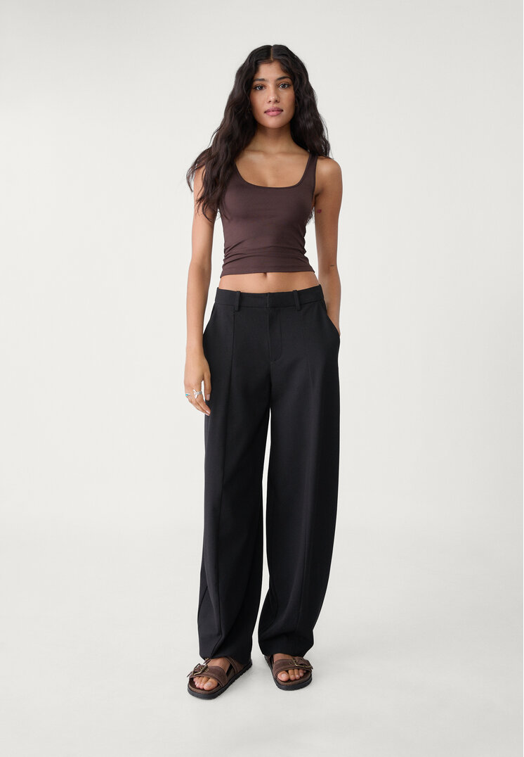 Stradivarius Pantaloni Eleganți Baggy Cusătură Pe Mijloc Negru 42