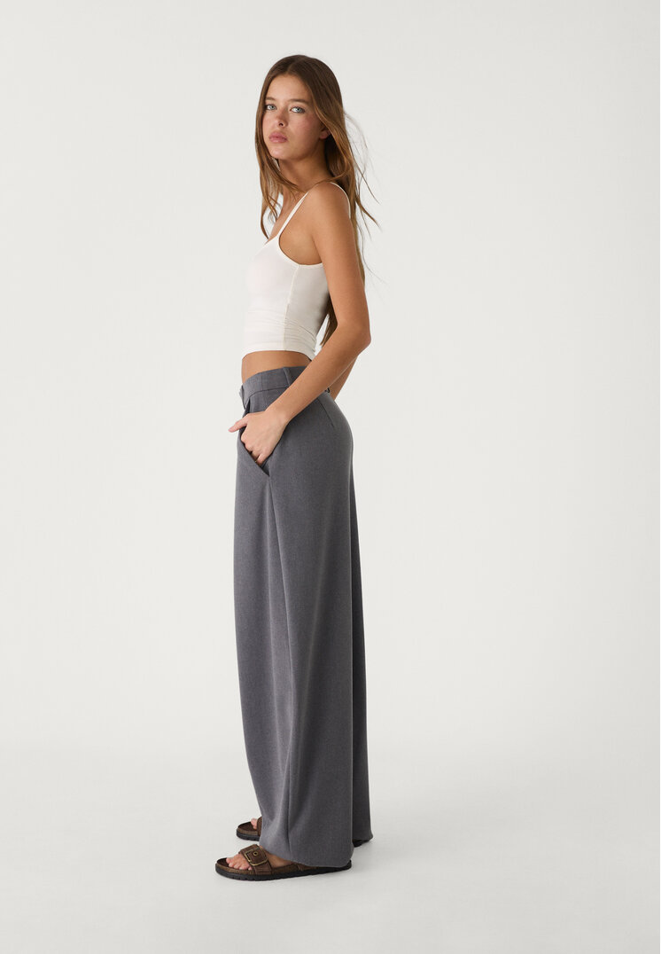 Stradivarius Pantaloni Eleganți Baggy Cusătură Pe Mijloc Gri Închis 36