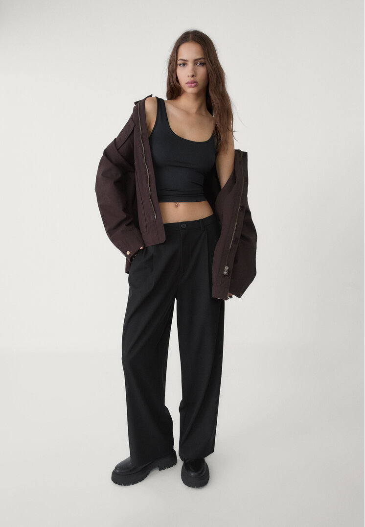 Stradivarius Pantaloni Eleganți Baggy Cu Pense Negru 38
