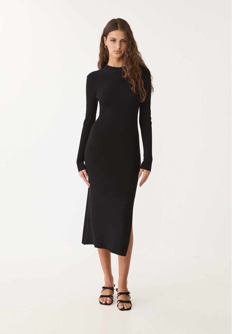 Stradivarius Rochie Midi Din Tricot Cu Guler Perkins Negru L