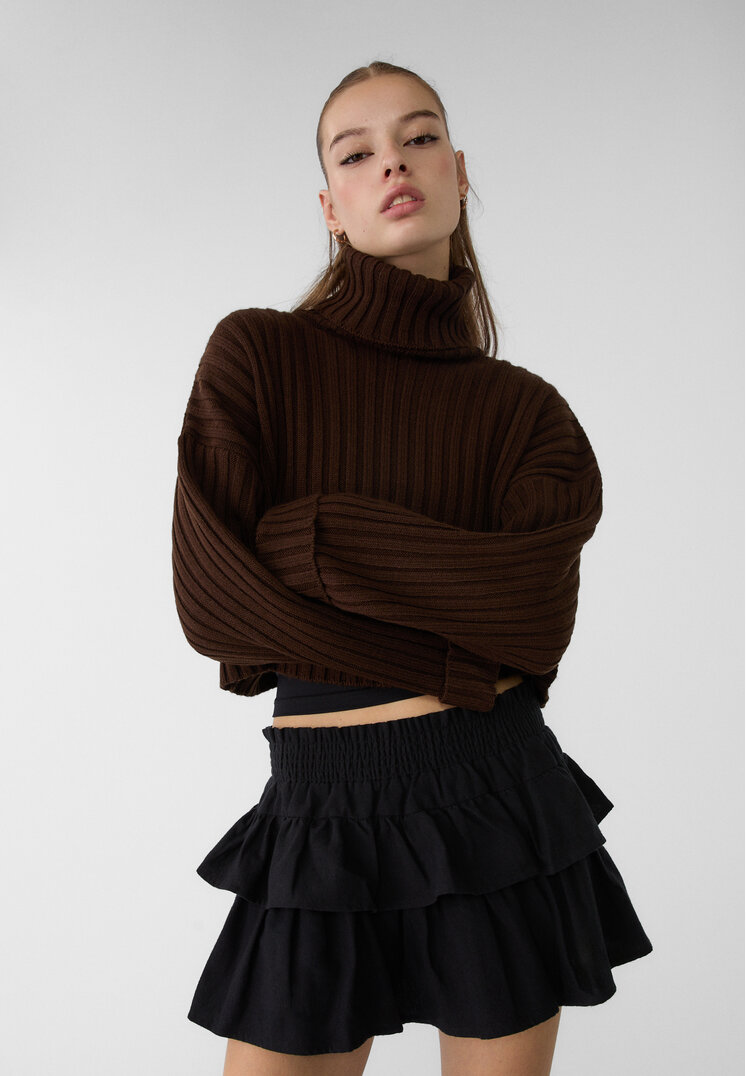 Stradivarius Pulover Din Tricot Cu Guler Înalt Maro L