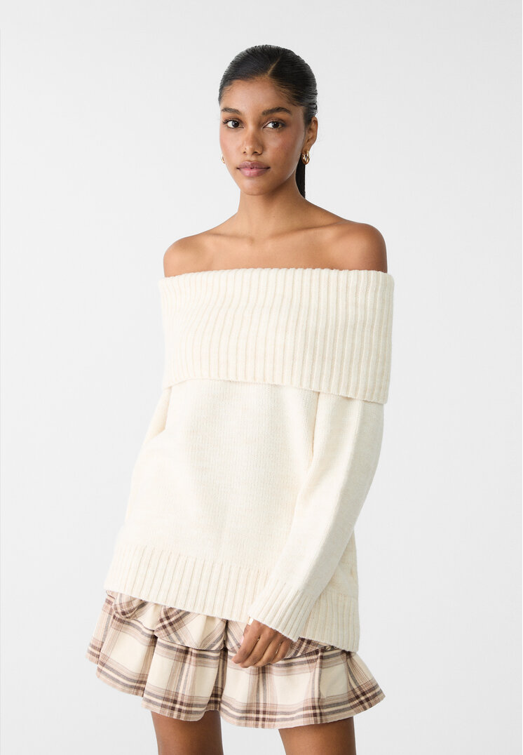 Stradivarius Pulover Din Tricot Cu Umeri Goi Ecru L