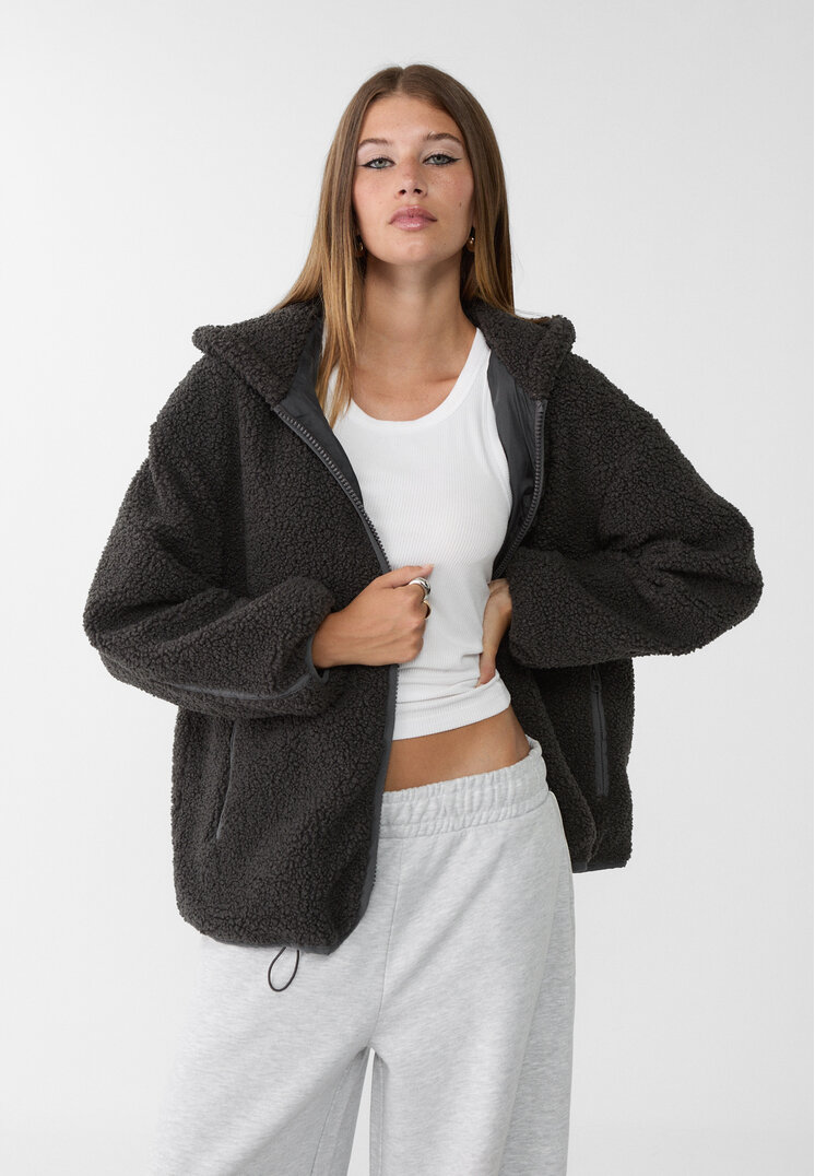 Stradivarius Geacă Cu Blană De Miel Sintetică Și Glugă Gri Închis S