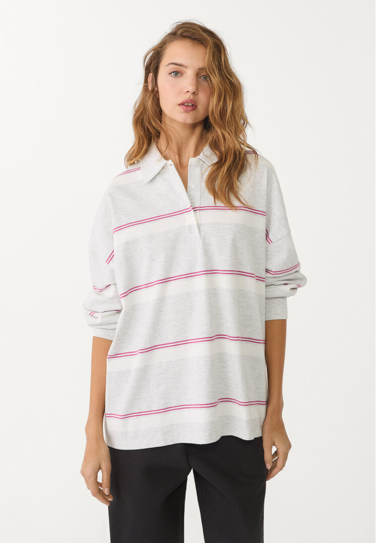 Stradivarius Tricou Polo Oversize Cu Dungi Gris Amestec S