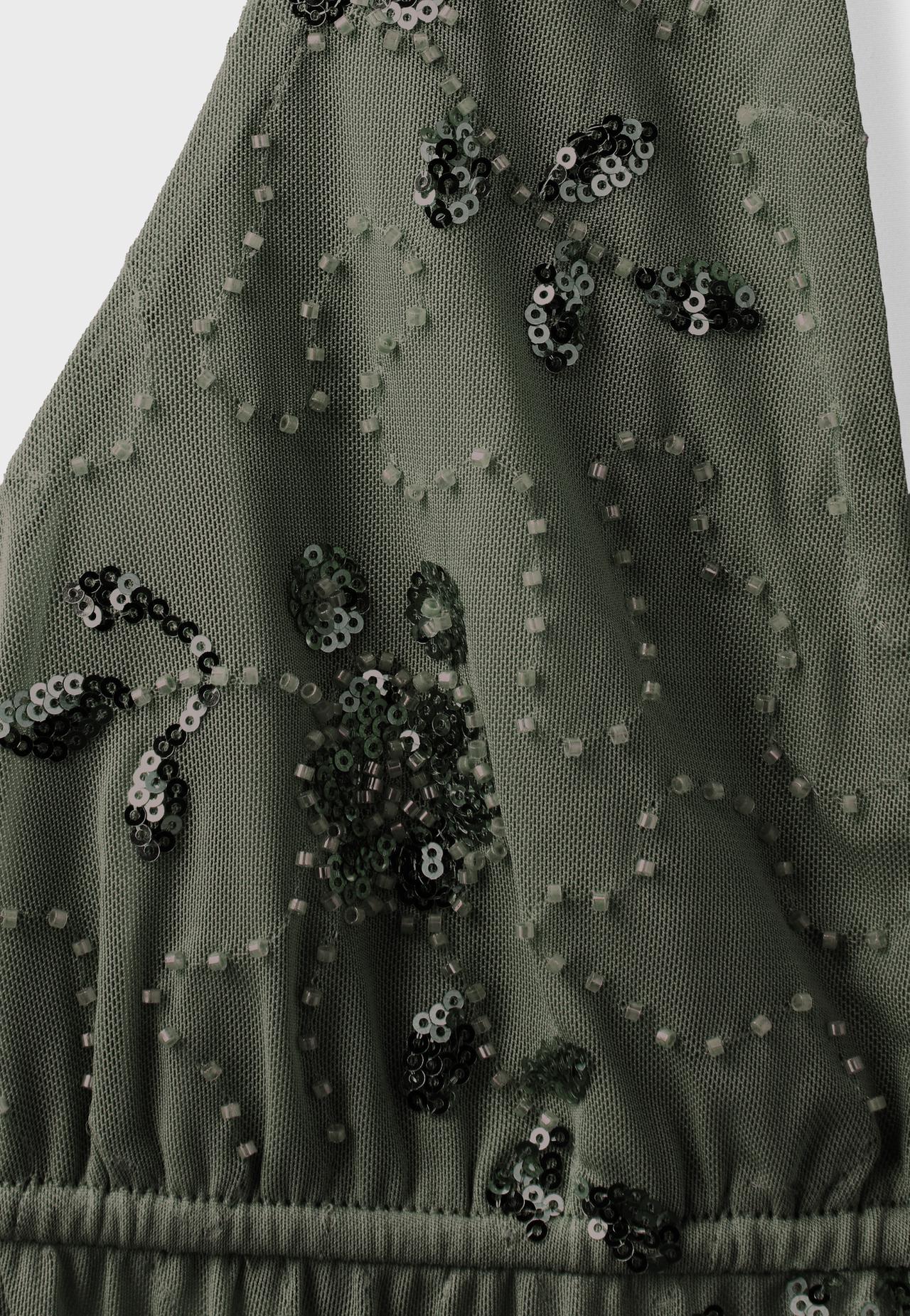 Rhinestone embroidered halter top — Khaki