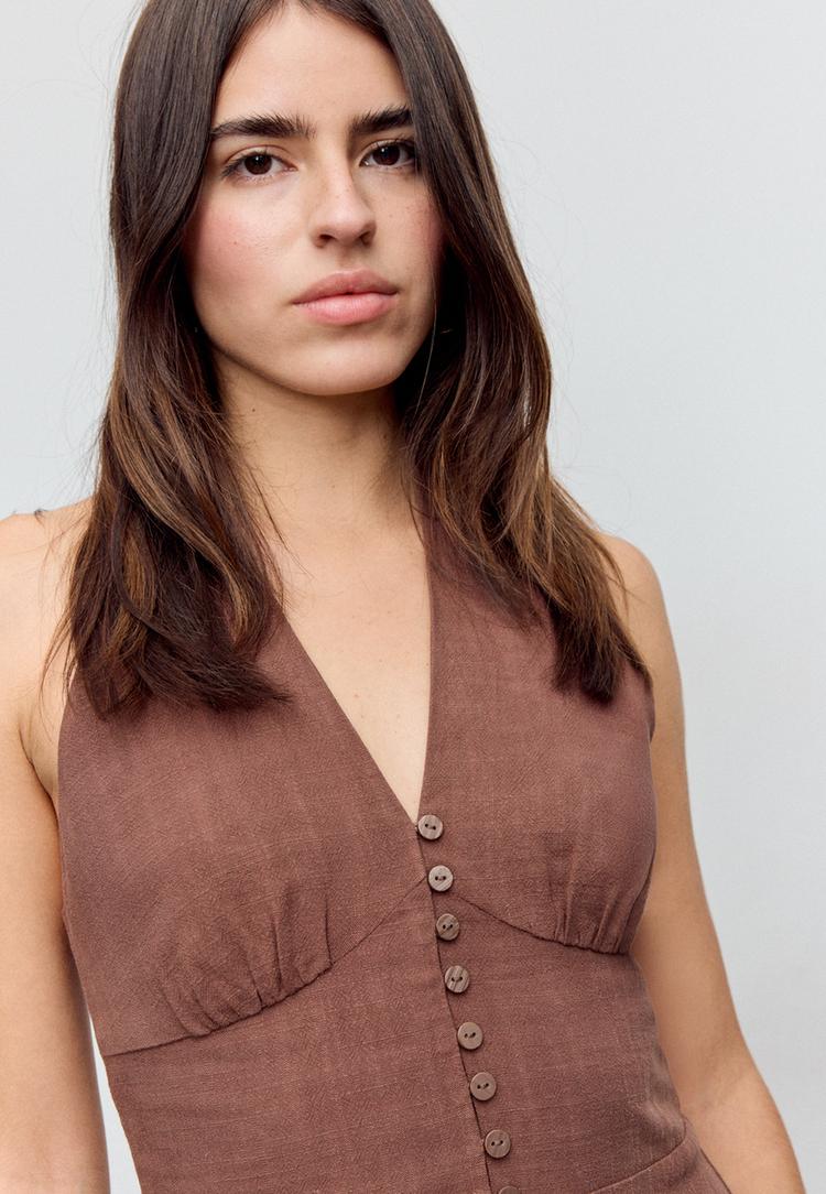 linen blend halter top with buttons