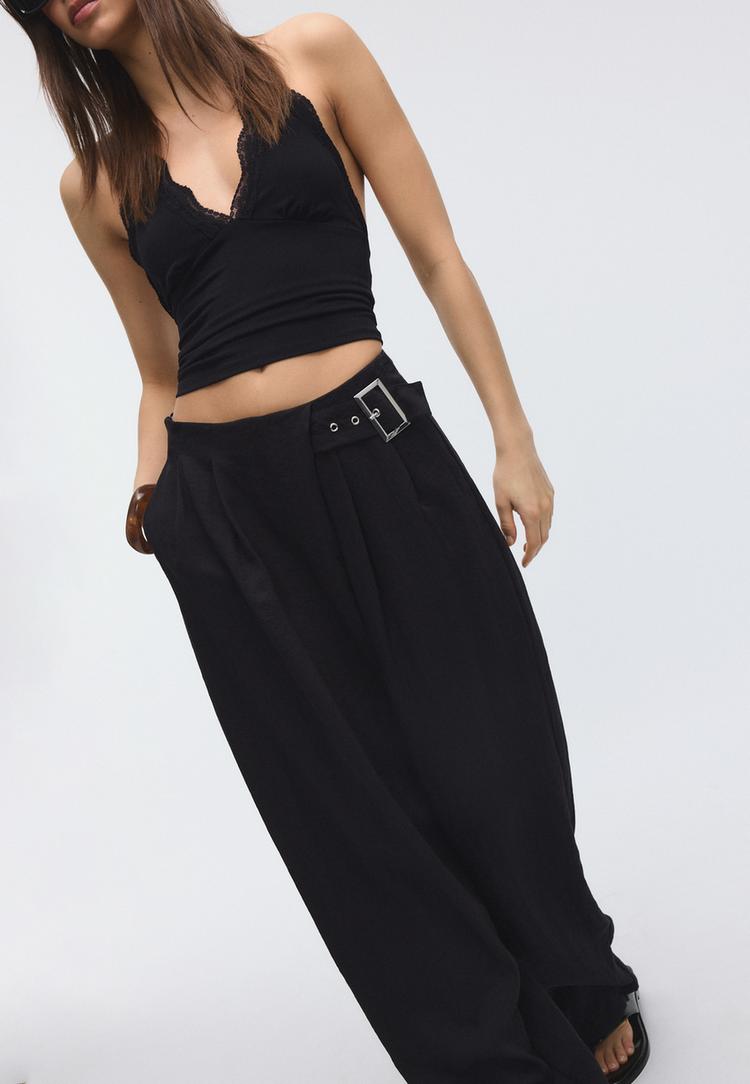 Stradivarius Χυτό Παντελόνι Με Αγκράφα Μαύρο 38