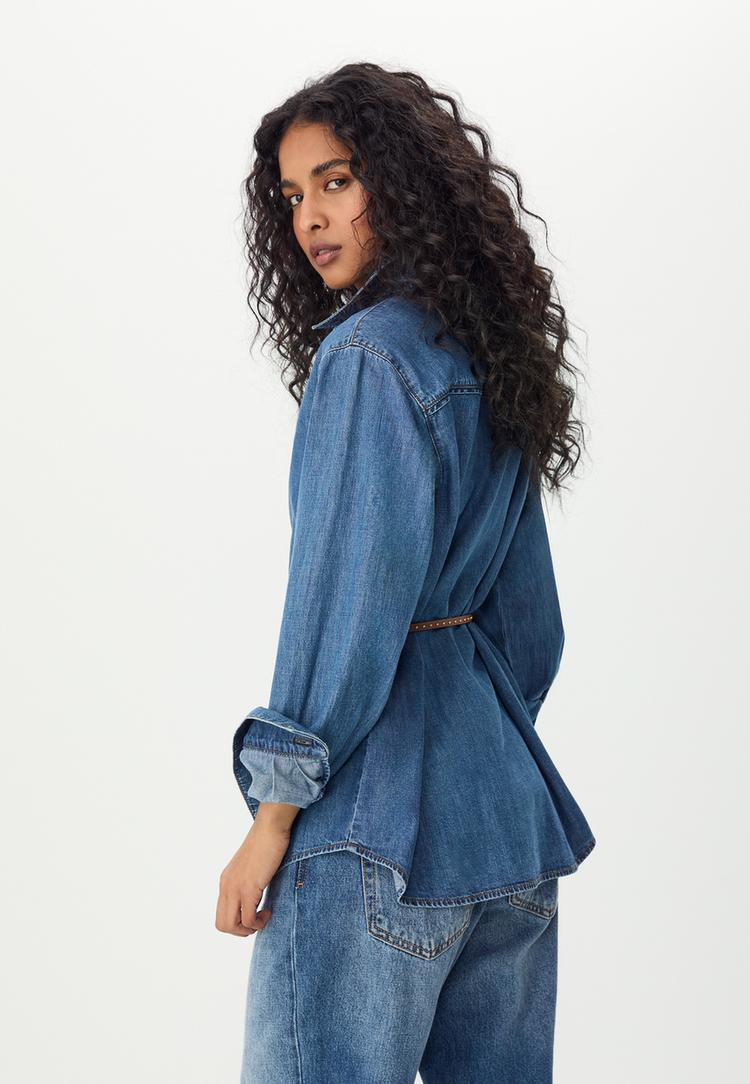 kemerli denim gomlek