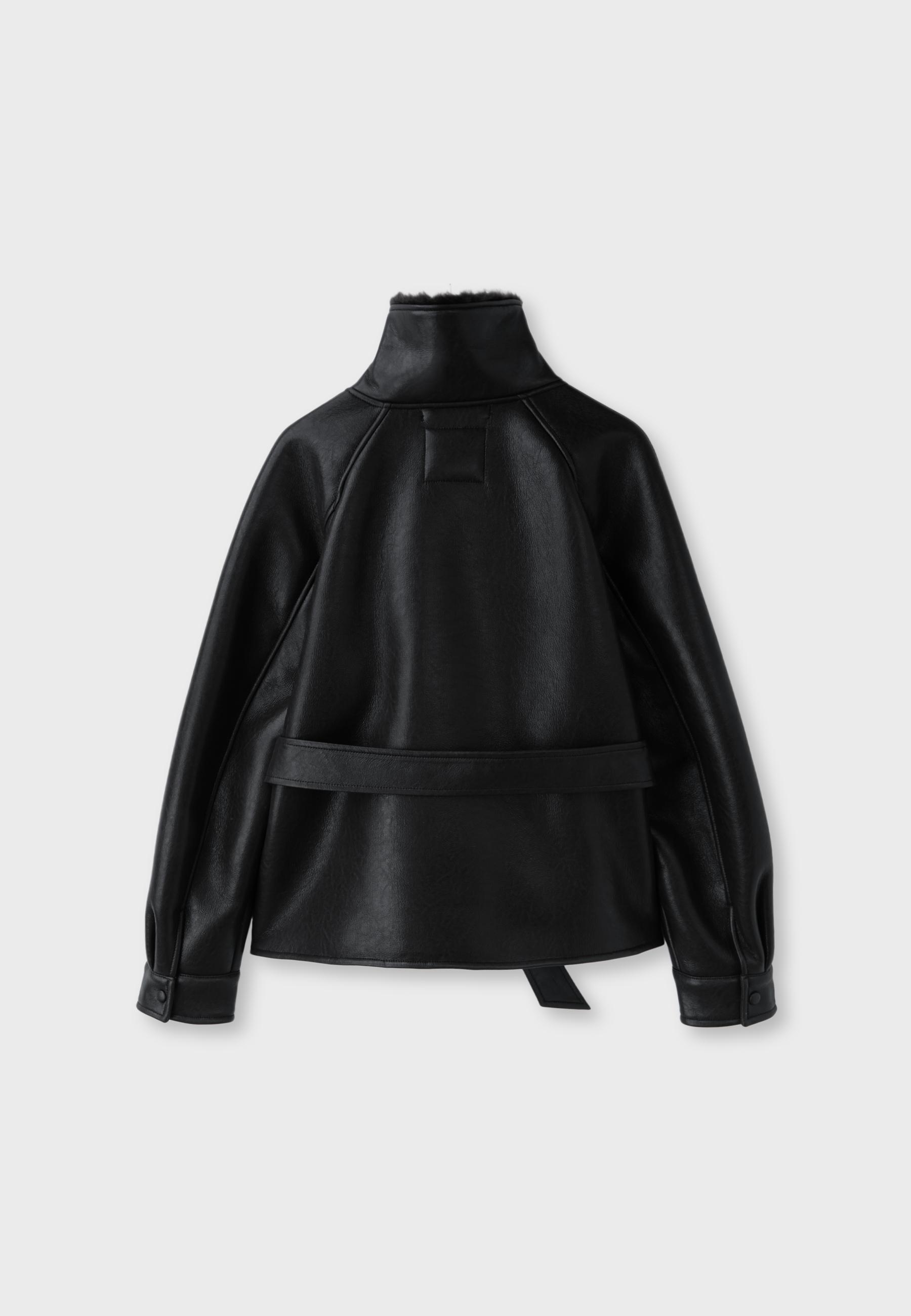 Leather effect double-faced high neck jacket — Black