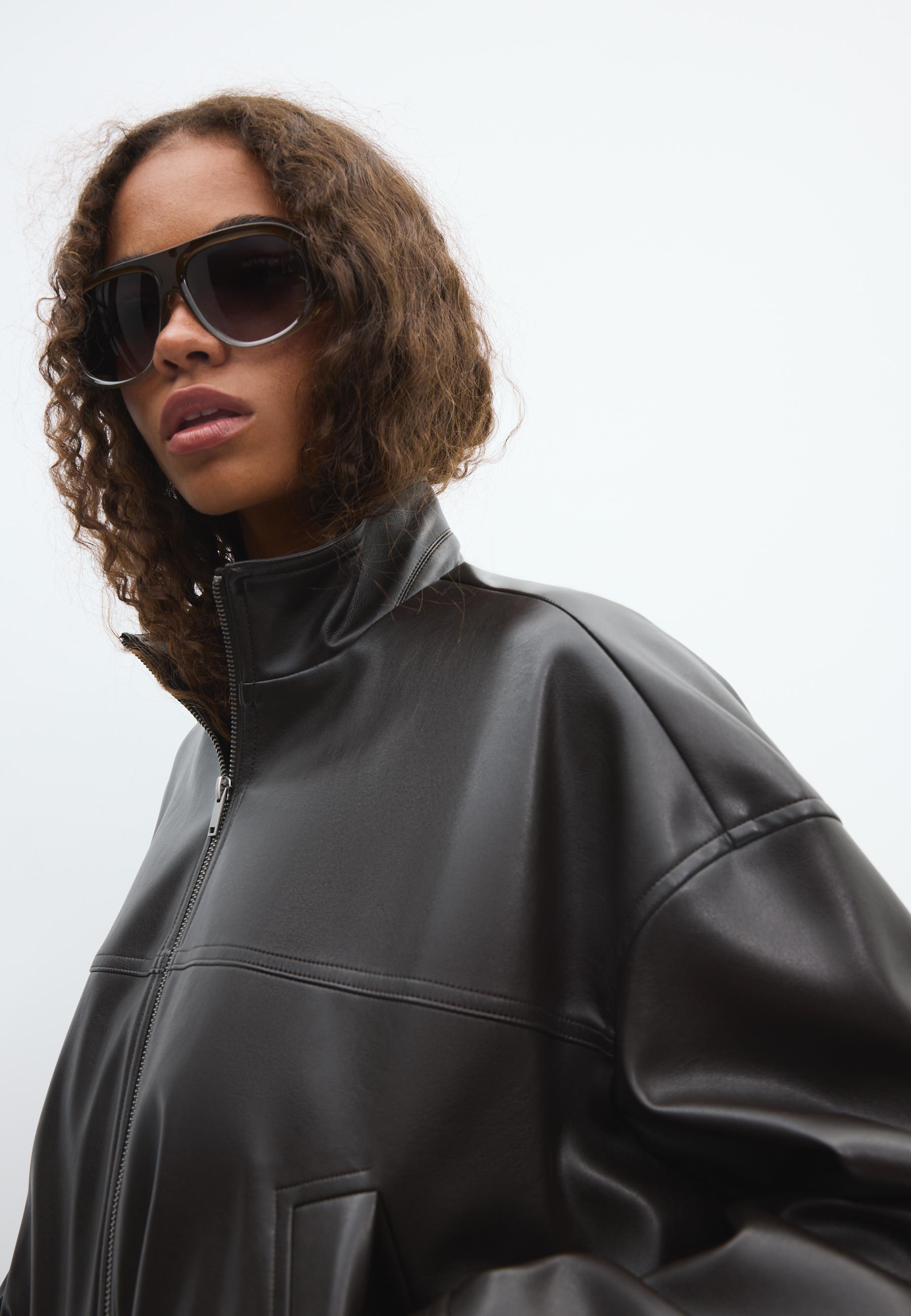 Leather effect belted bomber jacket — Brown