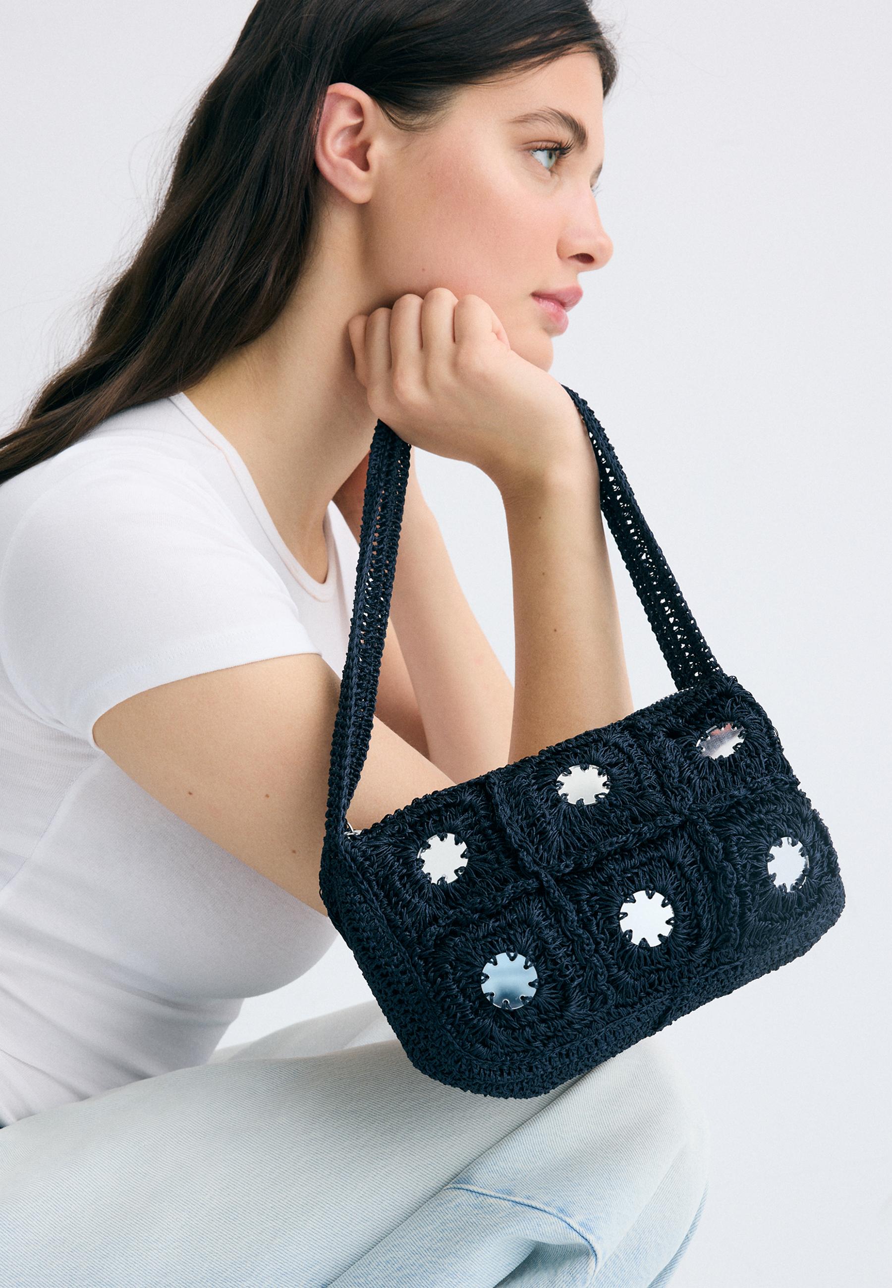 Crochet shoulder bag with mirrors — Navy blue