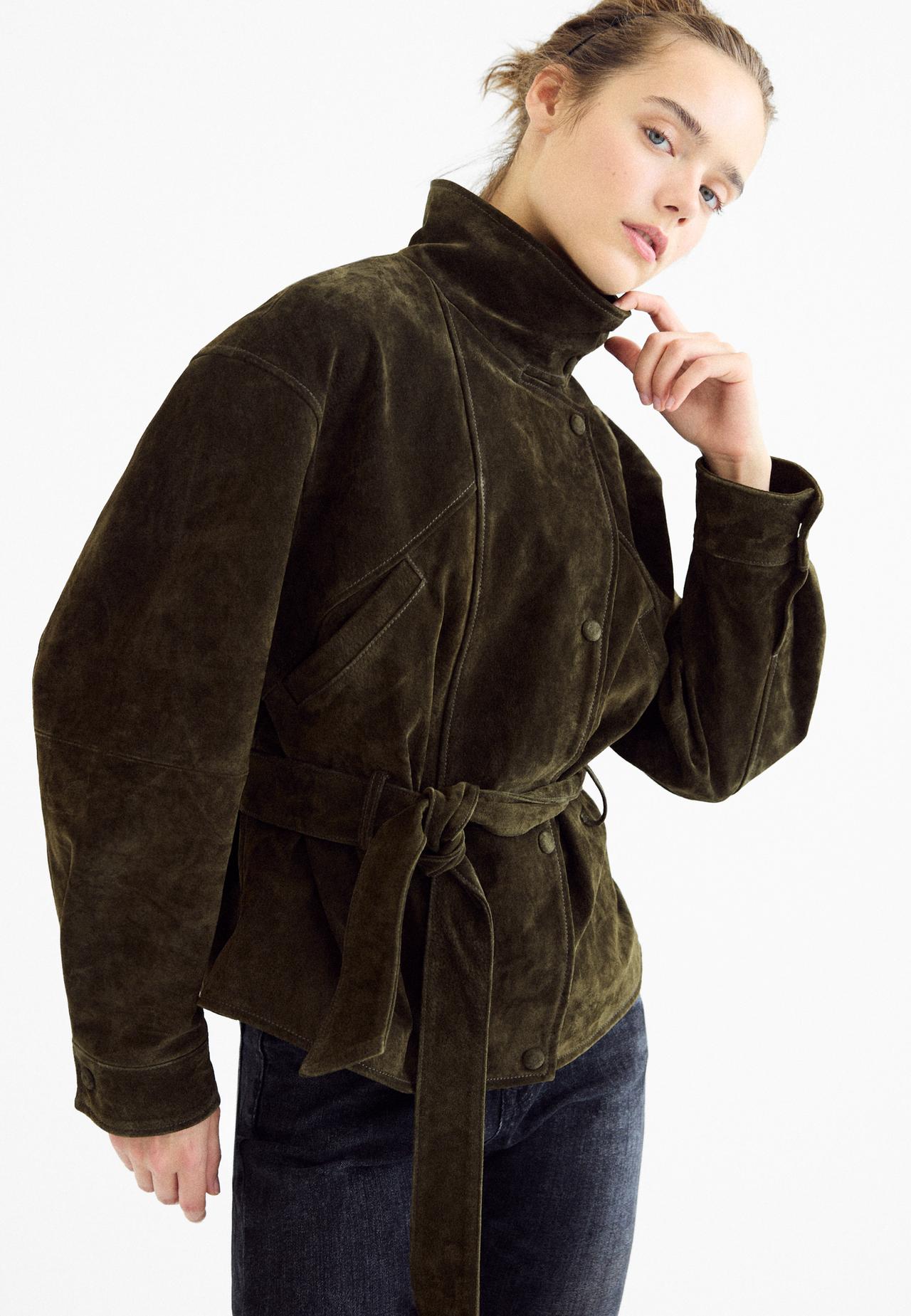 100% leather high neck trench coat with belt — Green