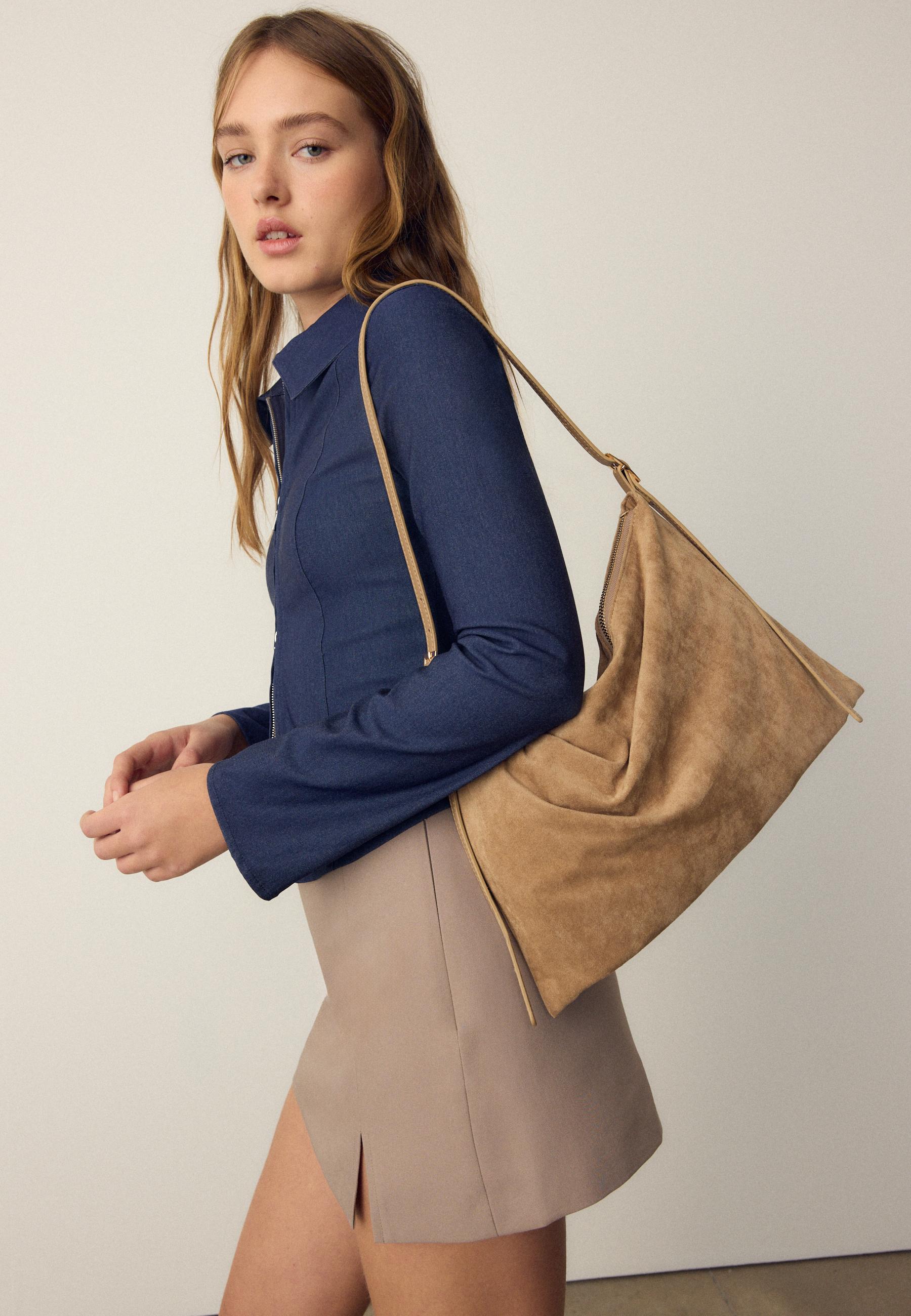 Mini soft-touch shoulder bag with zips — Beige