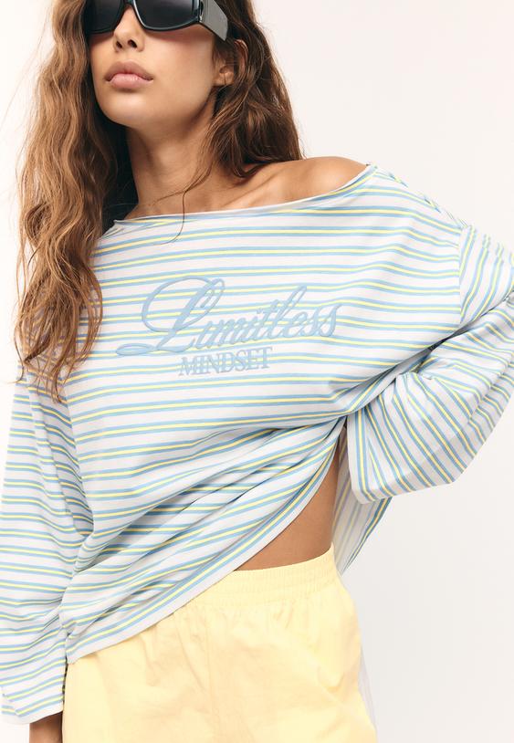 Stradivarius Striped Long Sleeve T-Shirt Vanilla M