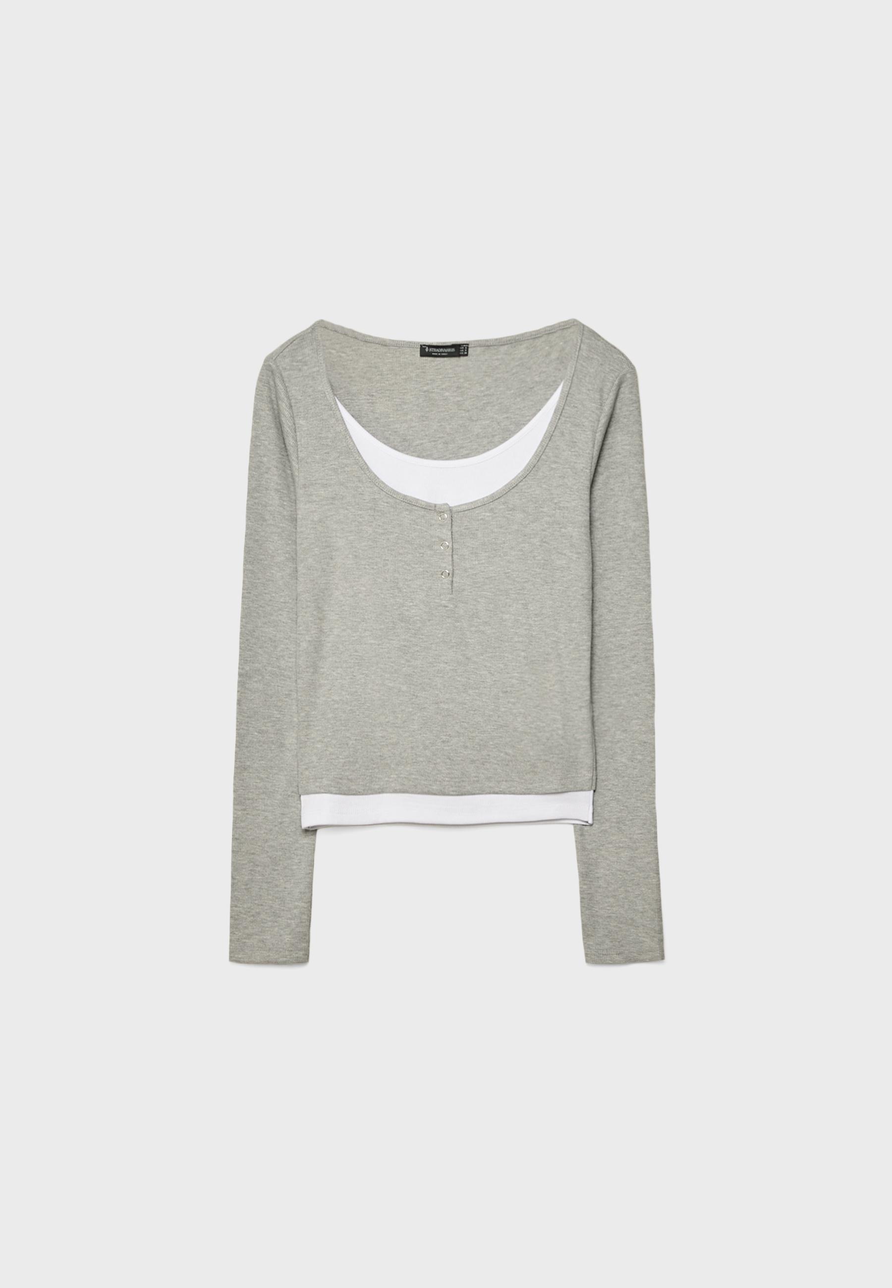 Double long sleeve snap button T-shirt — Grey melange
