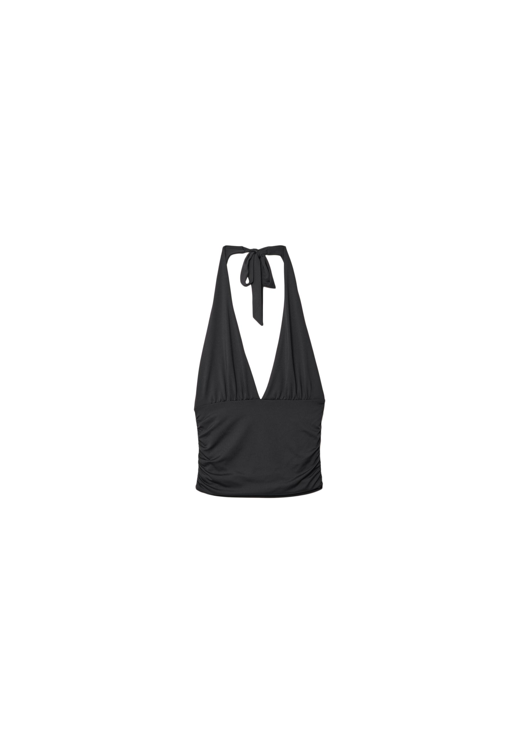 Ruched halter top with neck tie — Black