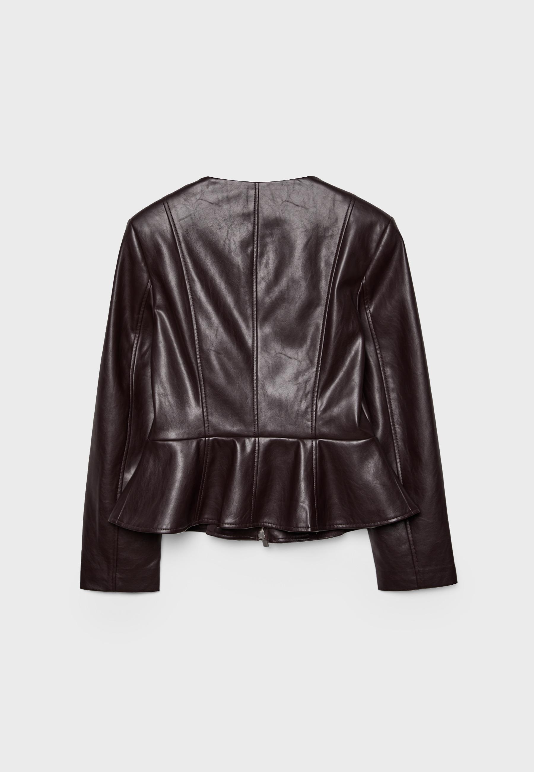 Collarless leather effect peplum blazer — Brown