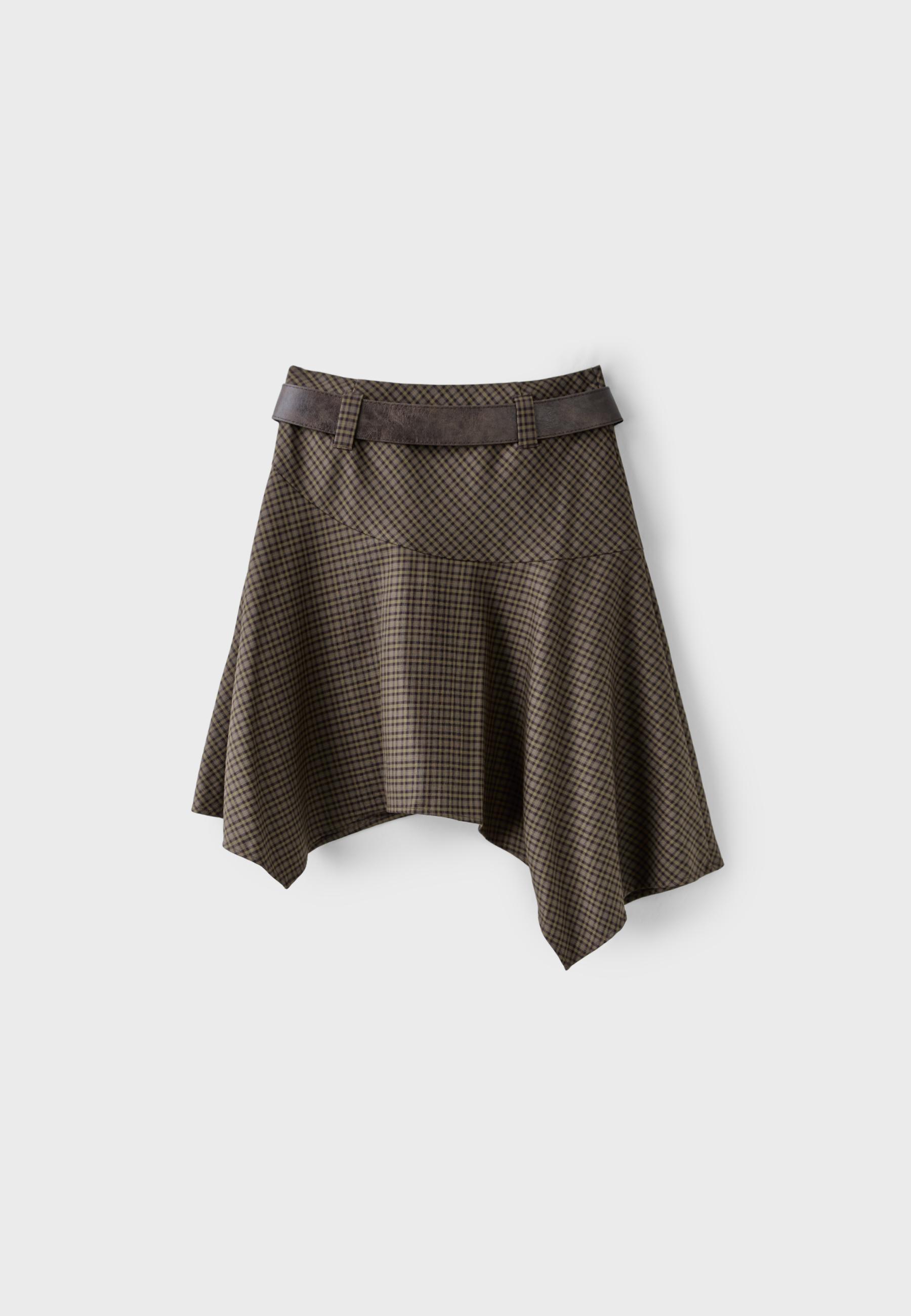 Check skirt with belt — Beige