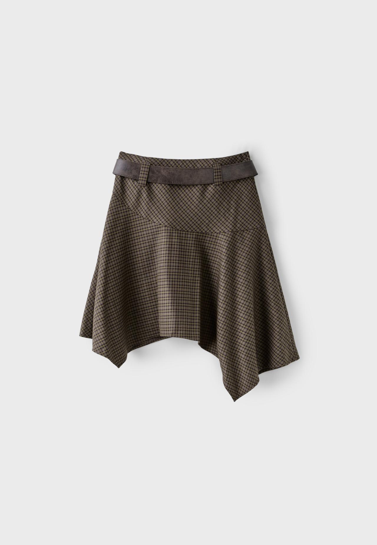 Check skirt with belt — Beige