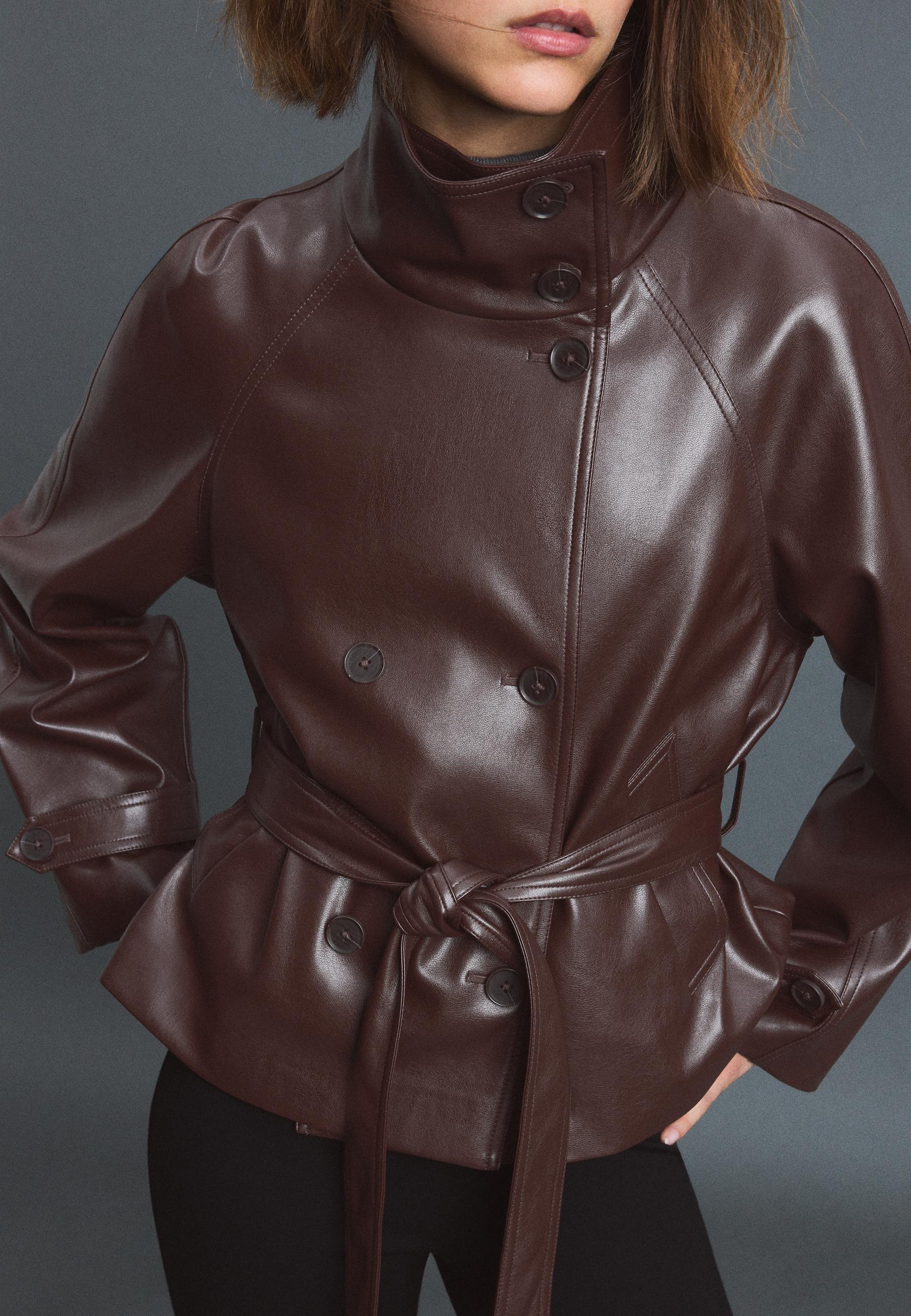 High neck leather effect trench coat — Brown