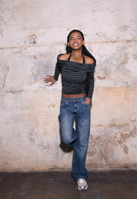 Stradivarius Studded Baggy Jeans Medium Light Blue Denim 12