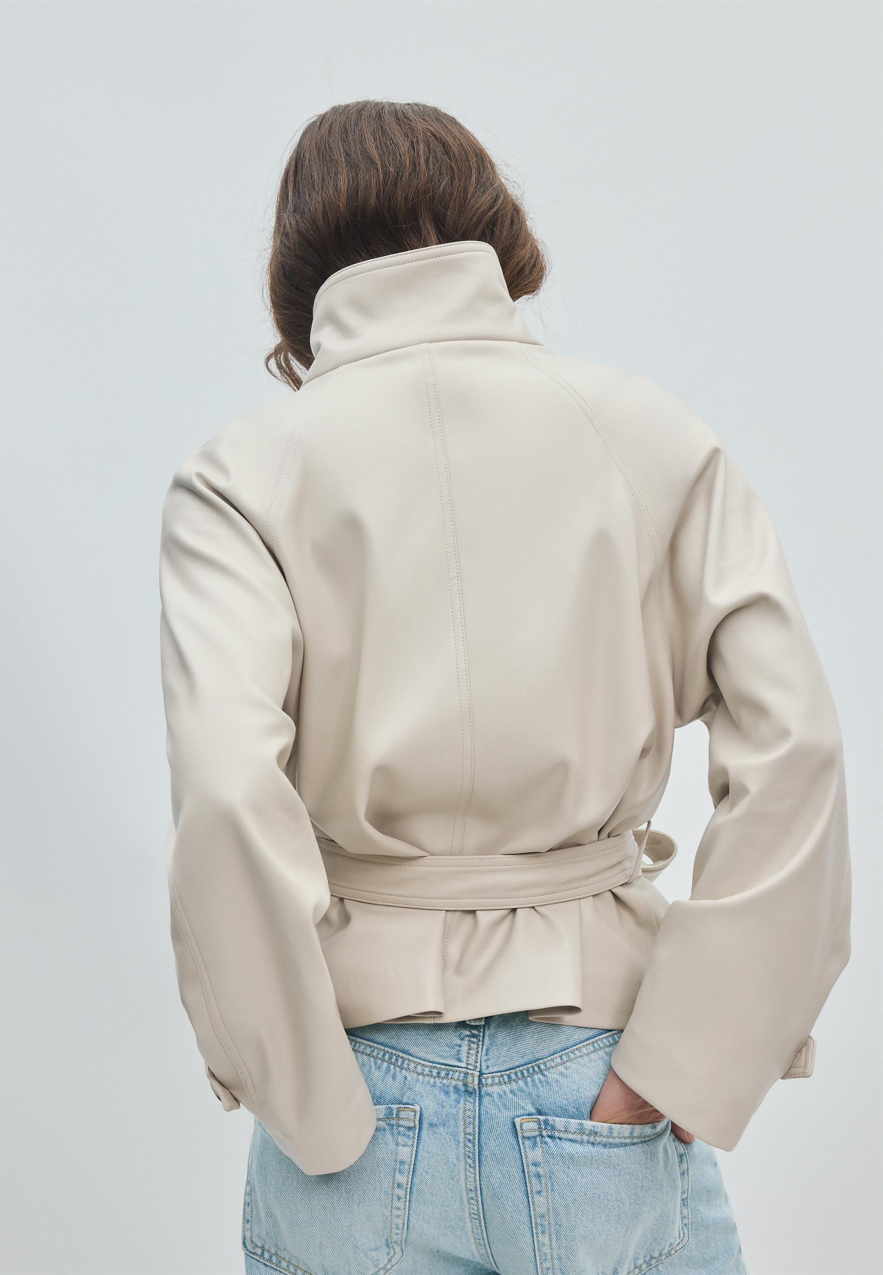 High neck leather effect trench coat — Ecru