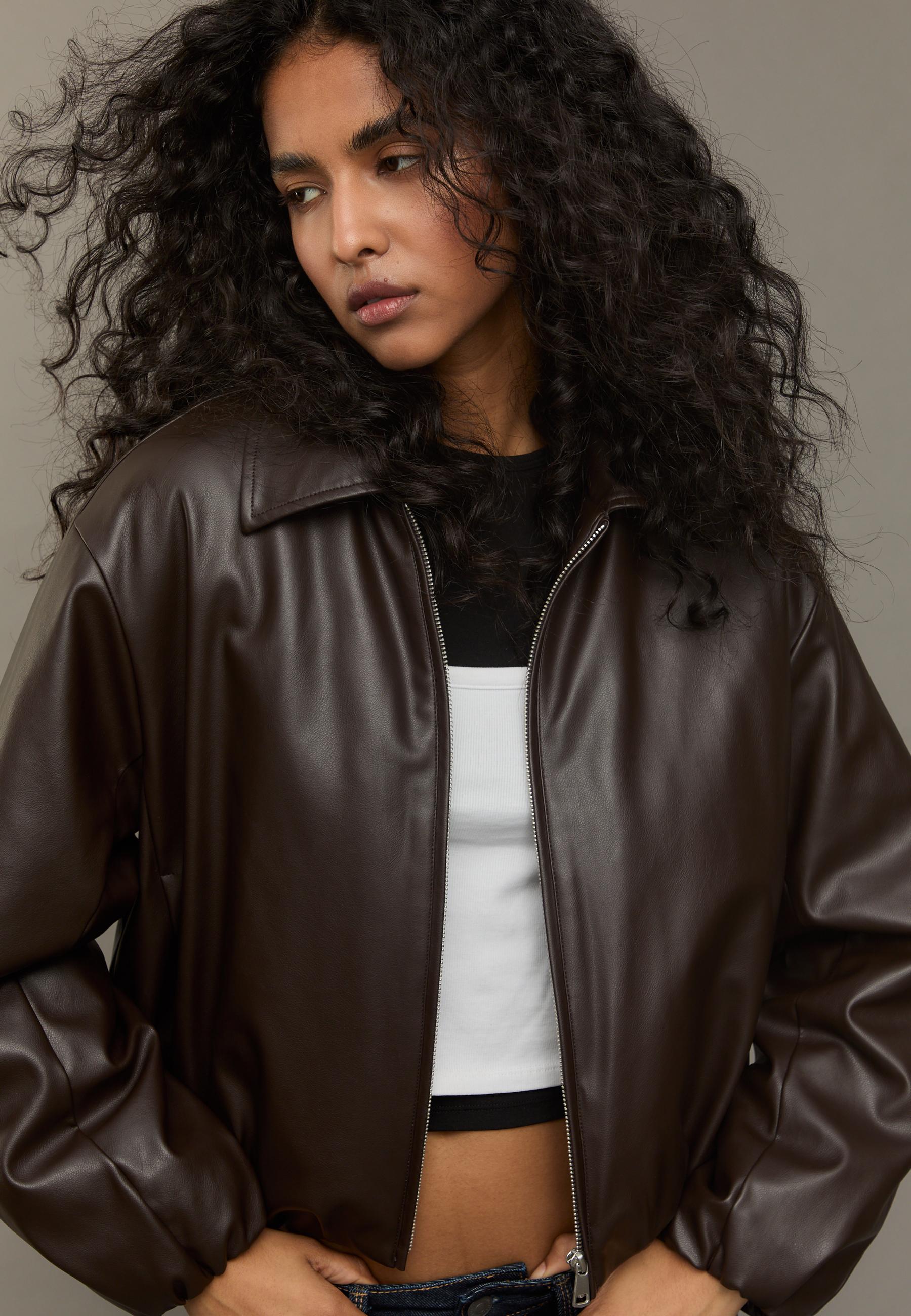 Padded leather effect bomber jacket — Brown