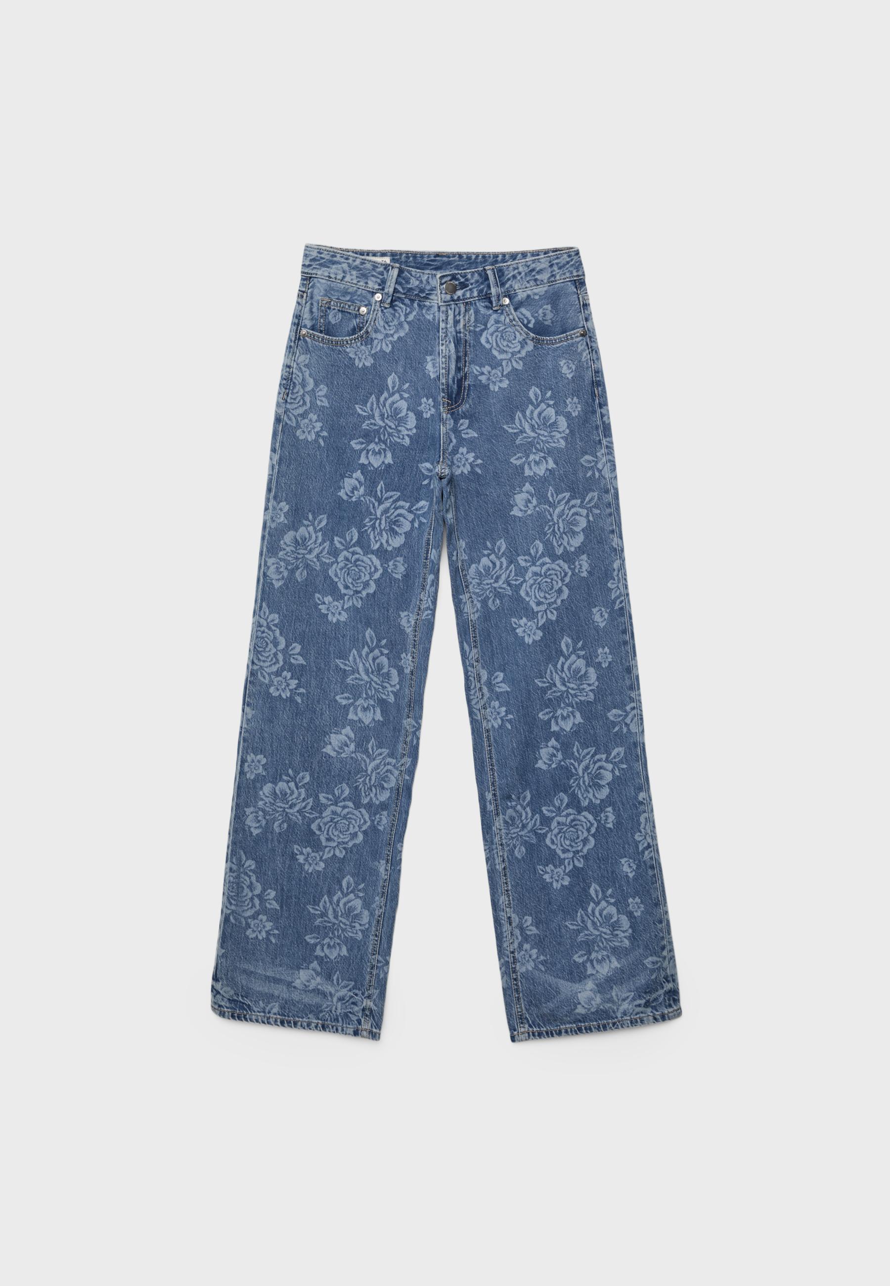Lazer çiçek desenli straight fit jean