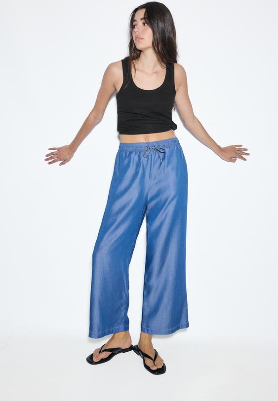 Dökümlü denim culotte pantolon
