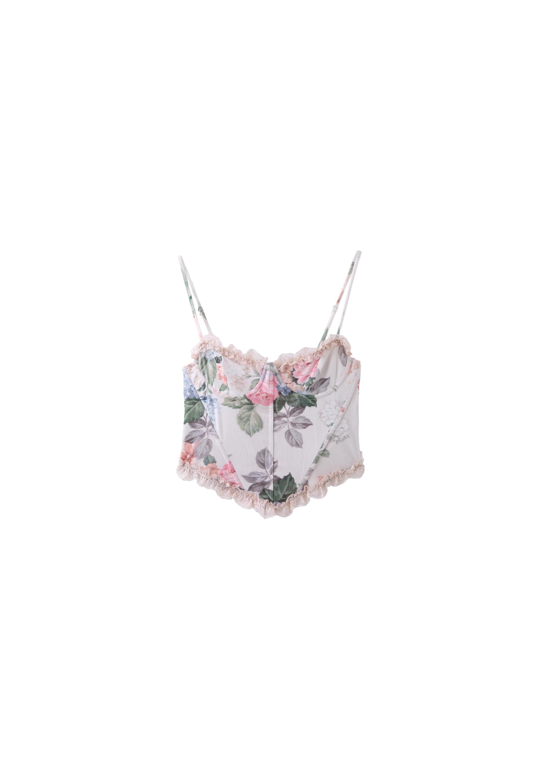 Fitted floral print cropped top — Stone