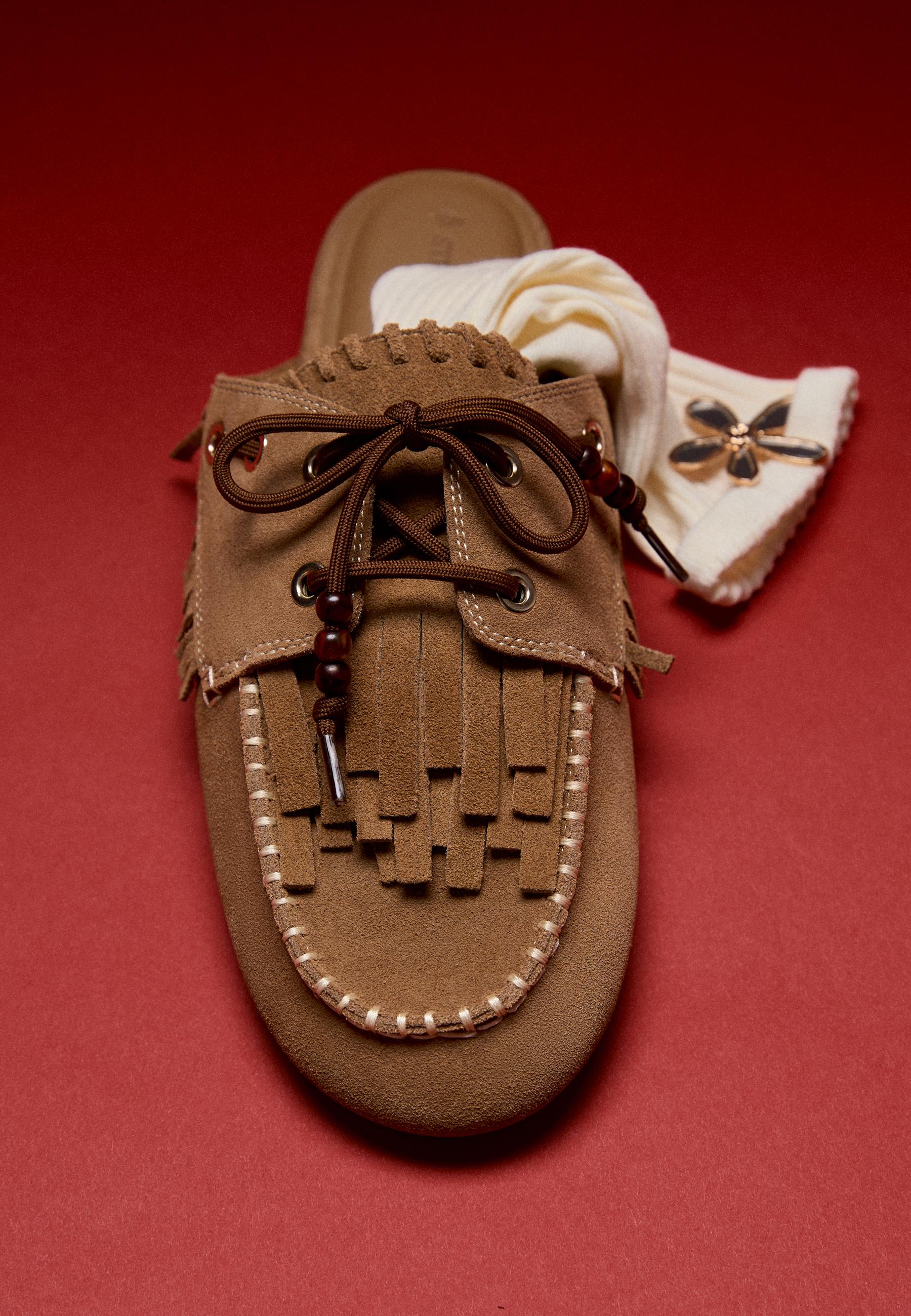 Backless leather loafers with charms — BEIGE