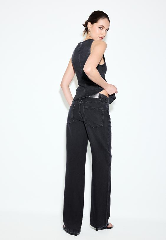 Stradivarius Straight-Fit Jeans With Rhinestones Black Denim Washed Effect 16