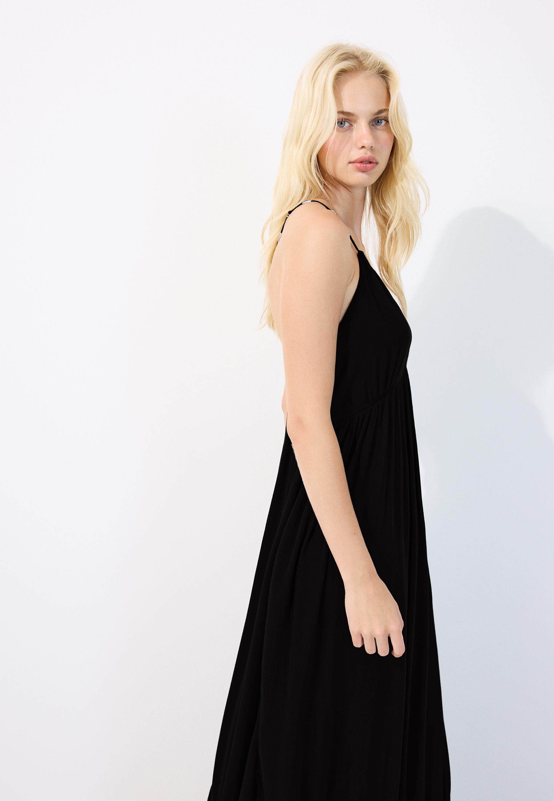 Long crepe dress with beading straps — Black
