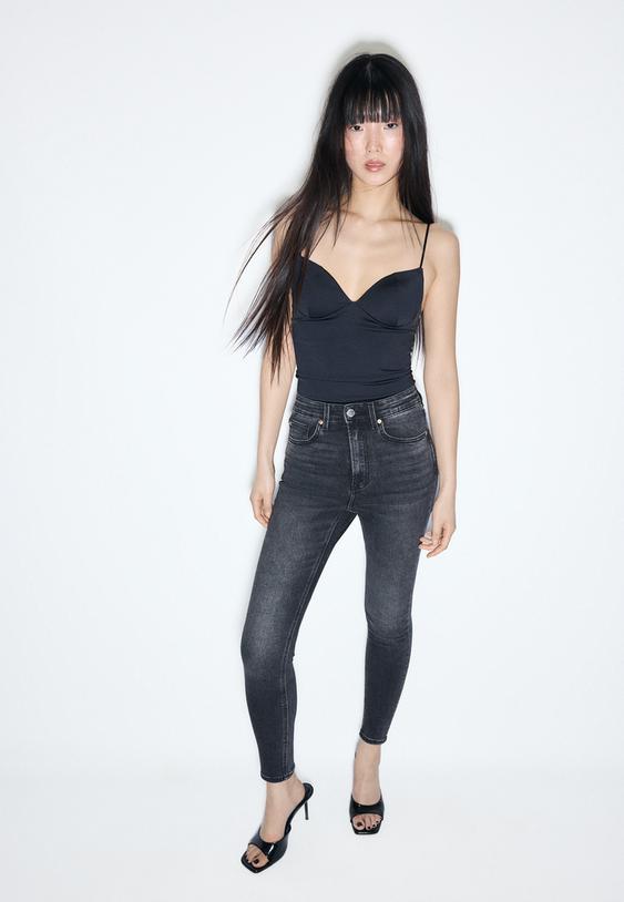Stradivarius Jean D09 Skinny Taille Très Haute Denim Noir Délavé 38