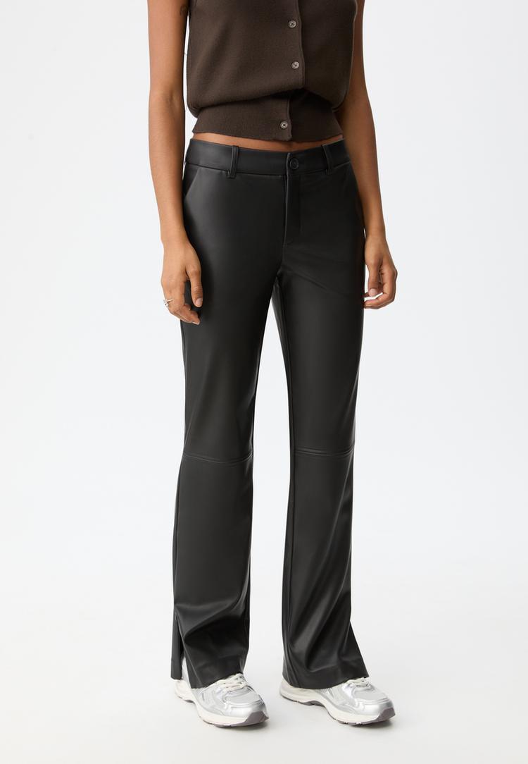 straight leg leather effect trousers with side zip