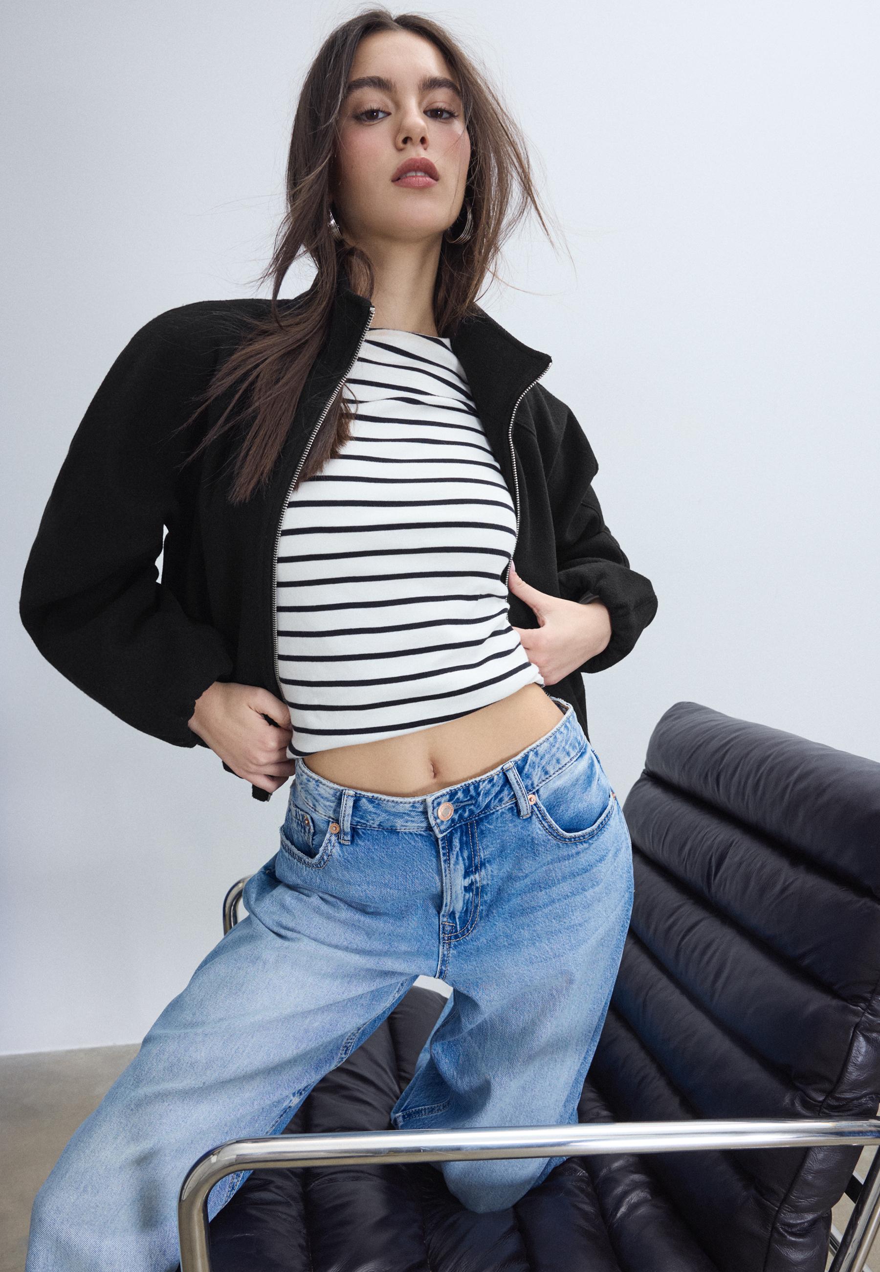 Soft-touch balloon bomber jacket — Black