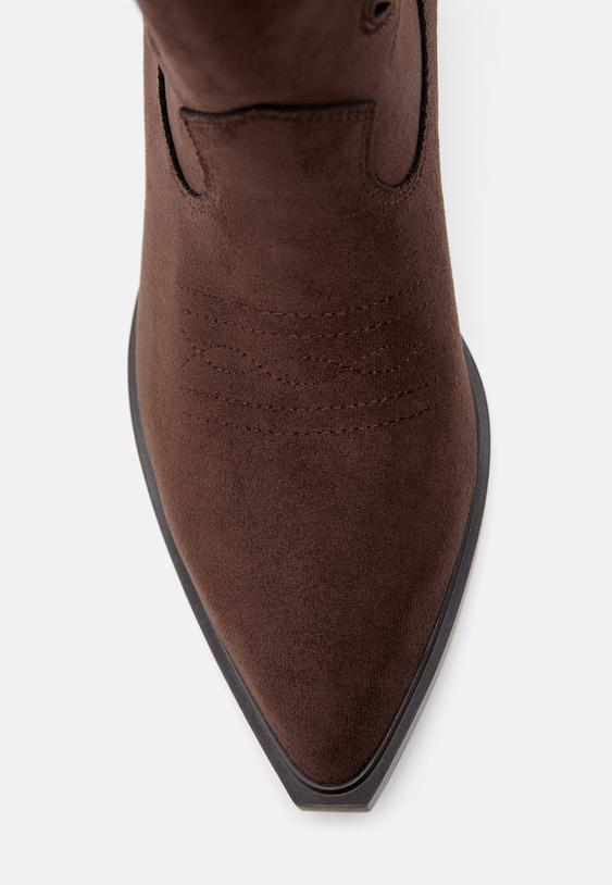 Stradivarius Perforated Cowboy Leather Effect Ankle Boots Brown 5