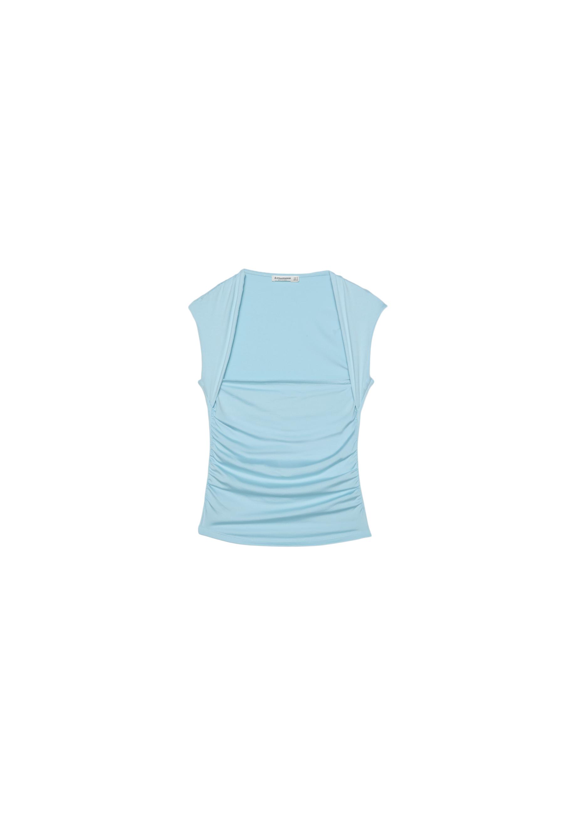 Polyamide Ruched Square Neck T-Shirt — Turquoise