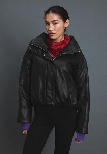 Leather effect high neck puffer jacket — Black 1