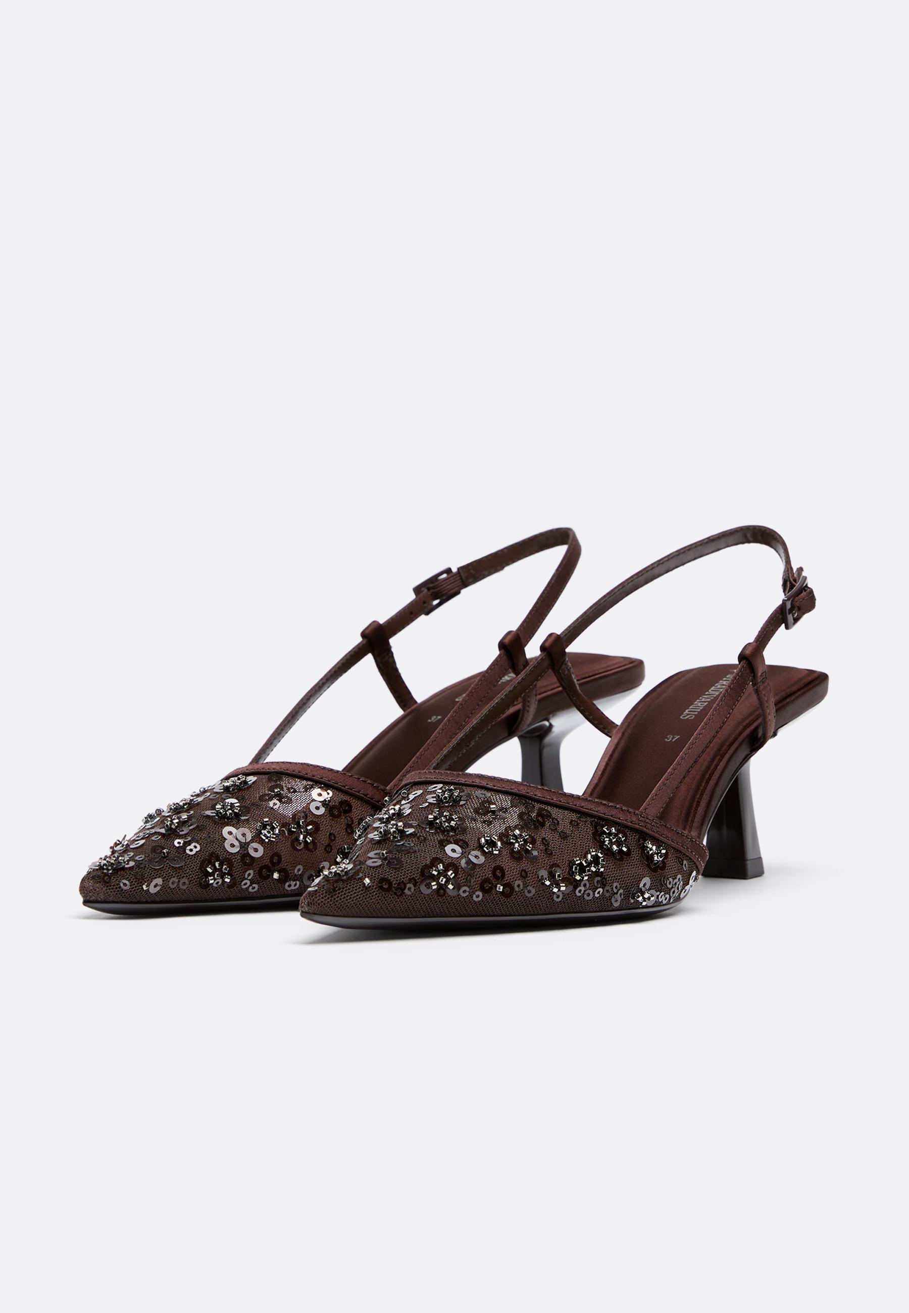 Mesh rhinestone kitten heel shoes — BROWN