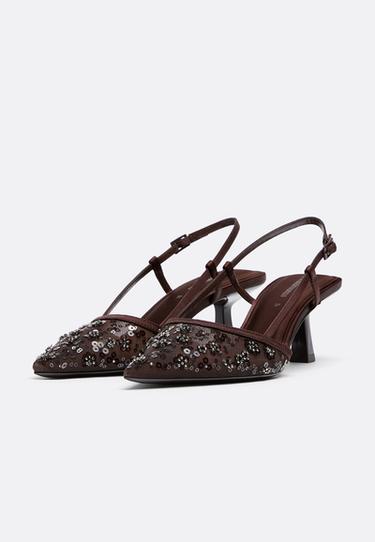 Rhinestone mesh heeled shoes — BROWN 3