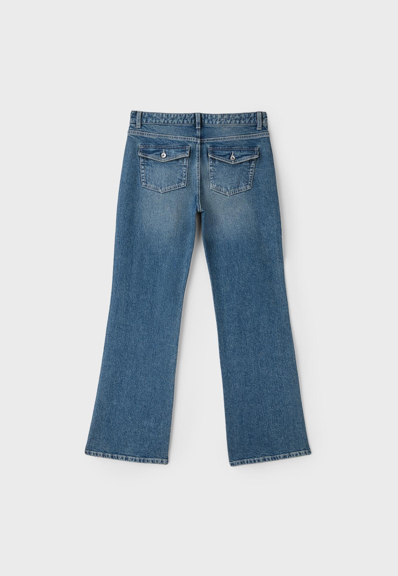 Bell bottom jeans with crossover waist — MEDIUM BLUE DENIM