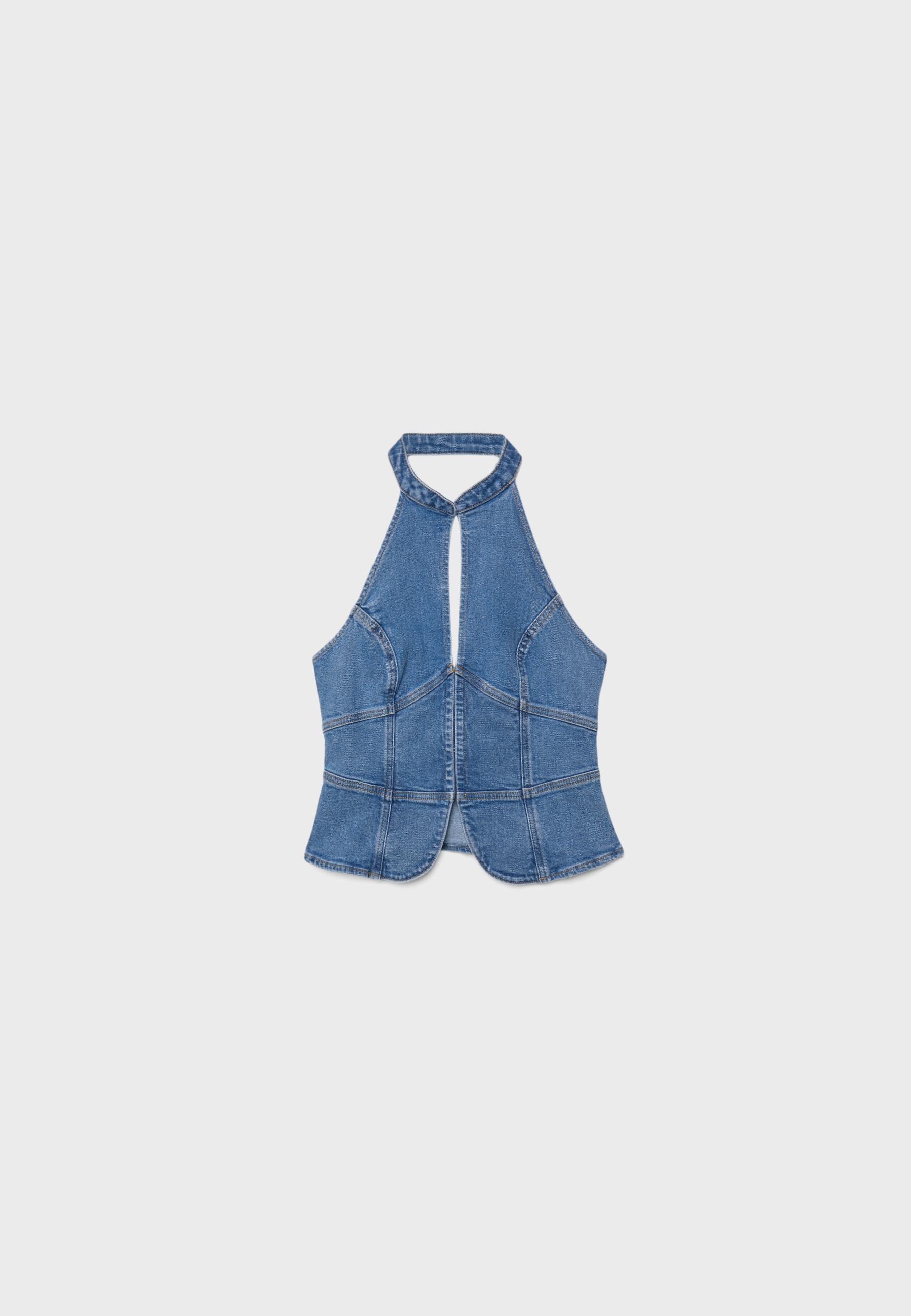 Qipao halter denim top — MEDIUM LIGHT BLUE DENIM