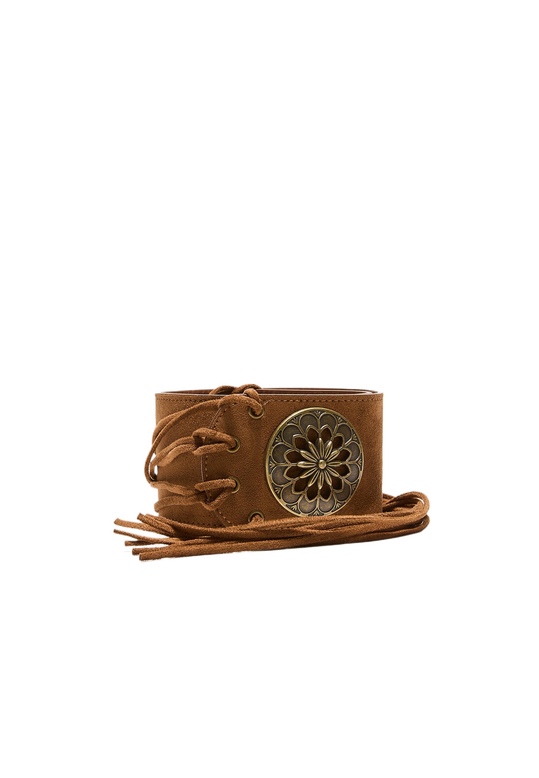 Wide belt with rosette and fringes — Pale camel