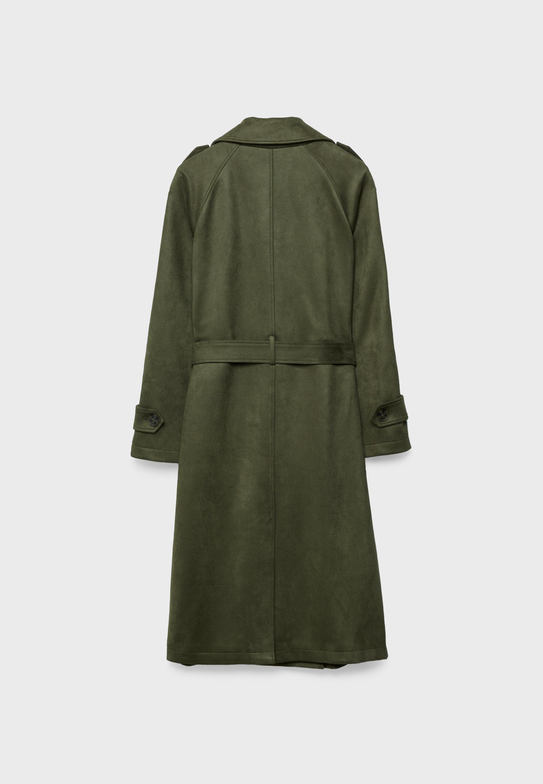 Long faux suede trench coat — Olive green