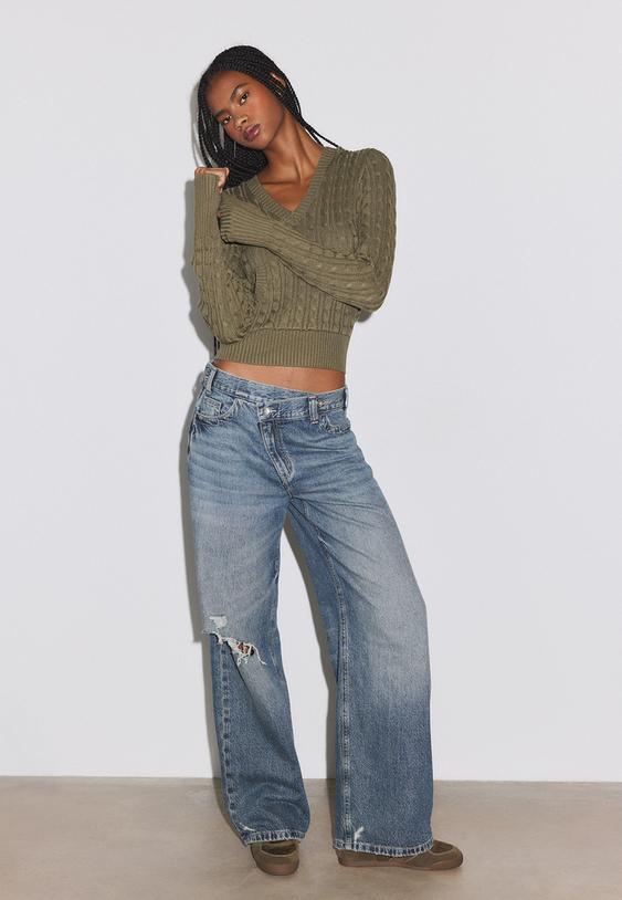 Stradivarius Cross-Over Waist Wide-Leg Jeans Medium Blue Denim 14